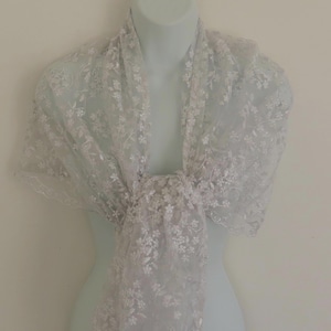 Embroidered Tulle Lace Wedding Veil Scarf: Silver White Floral Shawl