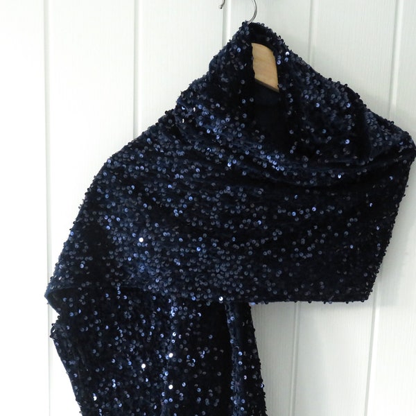 Blue Velvet Sequin Scarf/Midnight Blue Velvet Evening Shawl/Special Occasion Shrug/Wedding Wrap