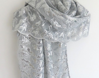 Silver Sequin Lurex Shawl/Handmade Bridal Wedding Wrap Or Shrug/Evening Cover Up