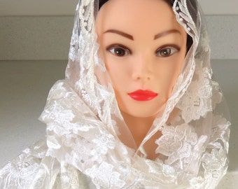 Embroidered Tulle Chapel Veil: White Lace Church Mantilla Scarf, Head Scarf