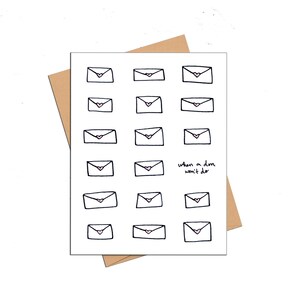 May include: A white card with a black outline of 15 envelopes, each with a pink heart inside. The text "when a dm won't do" is written in black at the bottom right corner of the card.