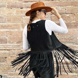 Adorable and Fashionable Black Fringe Vest in Natural Suede