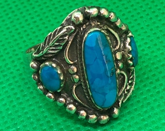 Bague amérindienne vintage en argent sterling turquoise et plumes, taille P