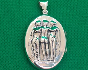 Vintage 925 Sterling Silver Repousse the Three Graces Oval Locket