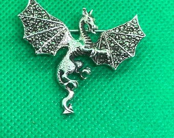 Broche dragon volant vintage en argent sterling et marcassite