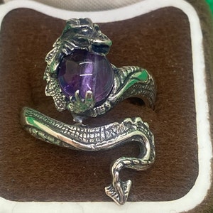 Vintage 925 SOLID Sterling Silver Dragon with AMETHYST Ball Ring Adjustable