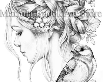 Rowana | Mariola Budek - Premium Coloring Page | Printable Adult Colouring Pages Book Instant Download Grayscale Illustration PDF