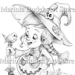 Witchy | Mariola Budek - Coloring Page | Printable Adult Kids Cute Halloween Colouring Pages Instant Download Grayscale Illustration PDF