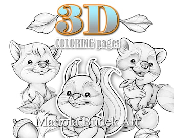 3D Coloring Animals | Mariola Budek - 3 Paper Figurine | Printable Craft Kids Cute Colouring Pages Instant Download Illustration PDF DIY