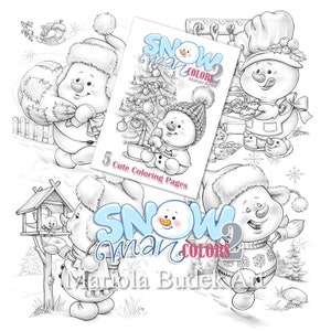 Sneeuwpopkleuren 2 | Mariola Budek - Kleurboek | Afdrukbare kleurplaat voor volwassen kinderen Direct downloaden pdf kerstillustratie in grijswaarden