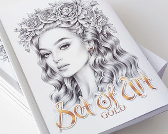 Set of Art GOLD | Mariola Budek - 24 Coloring Pages | Adult Colouring Page Book Grayscale Illustration Printed High Quality Paper Hard Copy