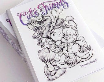 Ensemble d’amis mignons | Mariola Budek - Livre de coloriage | Coloriage d'artiste pour enfants, 28 pages, Illustration en niveaux de gris, papier imprimé de haute qualité, copie papier