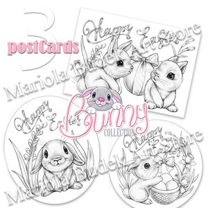 Bunny Collection | Mariola Budek - 3 Coloring Postcards | Colouring Page Digi Stamp Digistamp Clip Art Card Making Craft Tools Bunny Easter