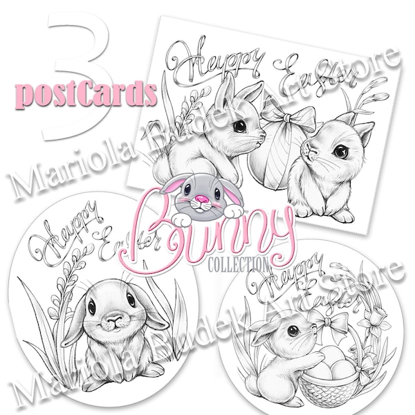 Bunny Collection | Mariola Budek - 3 Coloring Postcards | Colouring Page Digi Stamp Digistamp Clip Art Card Making Craft Tools Bunny Easter