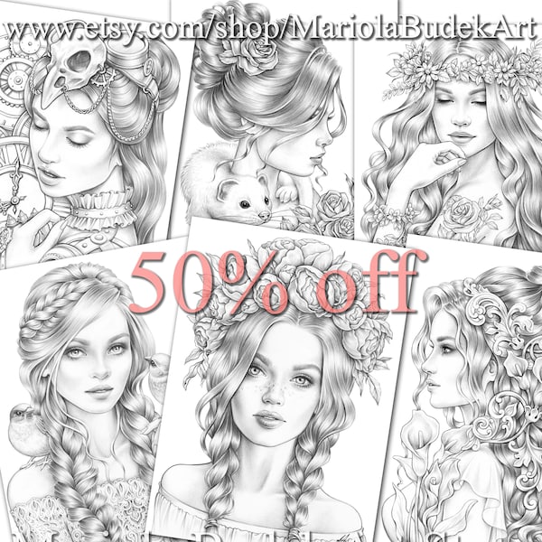 Coloring Pages Six pack of Premium Art VI | 50% off | Printable Adult Colouring Page Book Instant Download Grayscale Illustration PDF