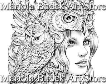 Owlook Silence | Mariola Budek - Premium Coloring Page | Printable Adult Colouring Pages Book Instant Download Grayscale Illustration PDF