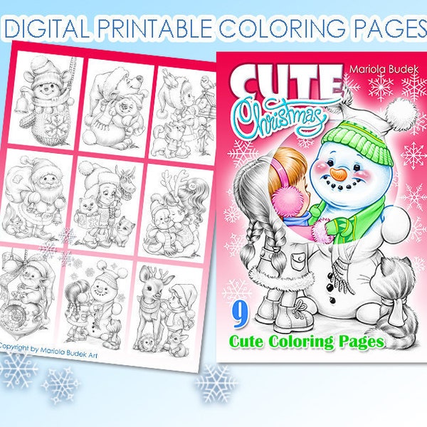 Cute Christmas | Mariola Budek - Coloring Book | Printable Adult Kids Colouring Pages Instant Download Grayscale Christmas Illustration PDF