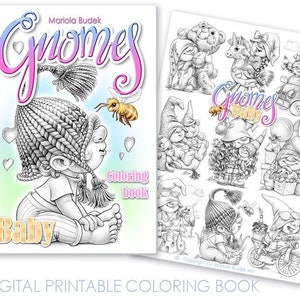 Baby Gnomes | Mariola Budek - Coloring Book | Printable Adult Kids Cute Colouring Pages Instant Download Grayscale Summer Illustration PDF