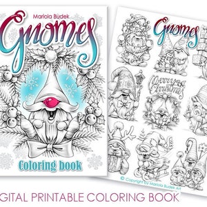 Gnomes | Mariola Budek - Coloring Book | Printable Adult Kids Colouring Pages Instant Download Grayscale Christmas Winter Illustration PDF