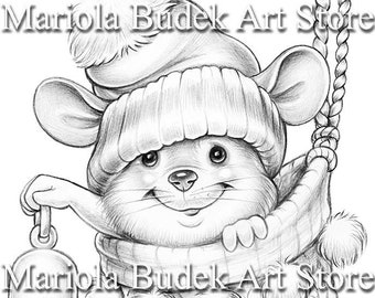 Christmas Time | Mariola Budek - Coloring Page | Printable Adult Kids Cute Animal Colouring Pages Instant Download Grayscale Ilustration PDF