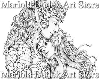 Elves | Mariola Budek - Premium Coloring Page | Printable Adult Fantasy Colouring Pages Book Instant Download Grayscale Illustration PDF