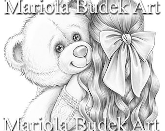 Big Love | Mariola Budek - Coloring Page | Printable Adult Kids Cute Animal Teddy Bear Colouring Pages Instant Download Grayscale PDF JPG