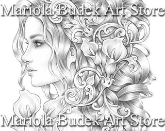 Goddess of Love | Mariola Budek - Premium Coloring Page | Printable Adult Colouring Pages Book Instant Download Grayscale Illustration PDF