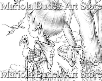 Knight Wojtek | Mariola Budek - Coloring Page | Printable Adult Kids Cute Dragon Colouring Pages Instant Download Grayscale Illustration PDF