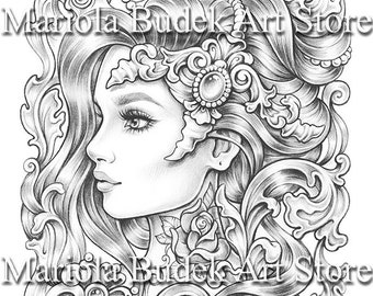 Kristal | Mariola Budek - Premium Coloring Page | Printable Adult Colouring Pages Book Instant Download Grayscale Illustration PDF