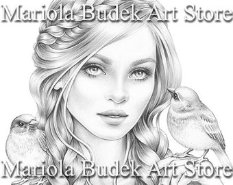Listening to Nature | Mariola Budek - Premium Coloring Page | Printable Adult Colouring Pages Book Instant Download Grayscale Illustration