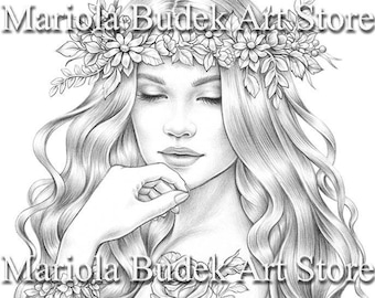 Spring Blossom | Mariola Budek - Premium Coloring Page | Printable Adult Colouring Pages Book Instant Download Grayscale Illustration PDF