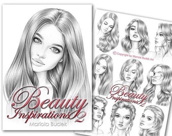 Beauty Inspirations 2 | Mariola Budek - Sketchbook | Printable Adult Coloring Pages Book Instant Download Grayscale Hairstyle Illustration