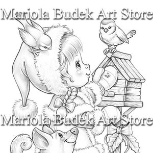 Comedero para pájaros / Mariola Budek - Página para colorear / Niños adultos imprimibles Páginas para colorear animales lindos Descarga instantánea Ilustración en escala de grises PDF