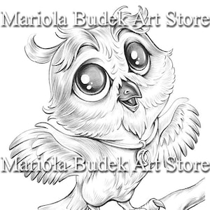 Lilly the Owl | Mariola Budek - Coloring Page | Printable Adult Kids Cute Animal Colouring Pages Instant Download Grayscale Illustration PDF