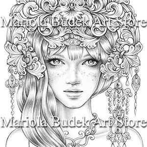 Femme Orientale | Mariola Budek - Premium Coloring Page | Printable Adult Colouring Pages Book Instant Download Grayscale Illustration PDF