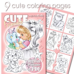 Cute Friends | Mariola Budek - Coloring Book | Printable Adult Kids Colouring Pages Instant Download Grayscale Lineart Illustration PDF