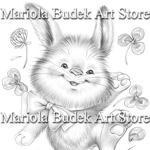 Joy in the Clovers | Mariola Budek - Coloring Page | Printable Adult Kids Cute Animal Colouring Pages Instant Download Grayscale Ilustration