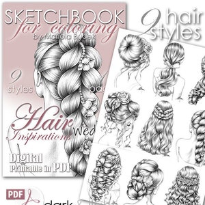 Hair Inspirations Wedding | Mariola Budek - Sketchbook | Printable Adult Coloring Pages Book Instant Download Grayscale Hairstyle PDF