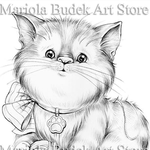 Kitty | Mariola Budek - Coloring Page | Printable Adult Kids Cute Animal Colouring Pages Instant Download Grayscale Lineart Illustration PDF