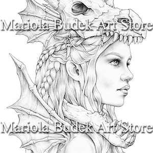 Guardiana | Mariola Budek - Premium Coloring Page | Printable Adult Colouring Pages Book Instant Download Grayscale Illustration PDF