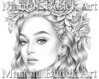 Spring is in the Air | Mariola Budek - Premium Coloring Page | Printable Adult Women Coloring Pages Book Download Grayscale Illustration PDF