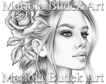 Martha | Mariola Budek - Premium Coloring Page | Printable Adult Women Colouring Pages Book Instant Download Grayscale Illustration PDF JPG