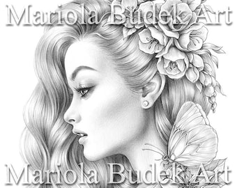 Maria / Mariola Budek - Pagina da colorare premium / Disegni da colorare carini per donne adulte stampabili Download immediato del libro Illustrazione in scala di grigi PDF