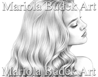 Freshness of Mind | Mariola Budek - Premium Coloring Page | Printable Adult Women Colouring Pages Book Download Grayscale Illustration PDF