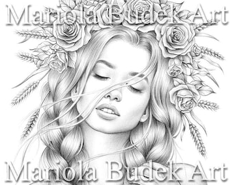 Harvest | Mariola Budek - Premium Coloring Page | Printable Adult Women Flowers Colouring Pages Book Download Grayscale Illustration PDF