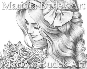 Bouquet / Mariola Budek - Pagina da colorare premium / Fiori per adulti stampabili da colorare Libro Download immediato Illustrazione in scala di grigi PDF