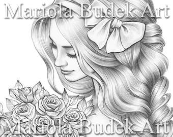 Bouquet | Mariola Budek - Premium Coloring Page | Printable Adult Flowers Colouring Pages Book Instant Download Grayscale Illustration PDF