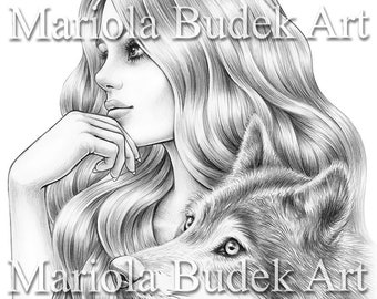 She Wolf / Mariola Budek - Página para colorear premium / Libro de páginas para colorear de animales adultos imprimibles Descarga instantánea Ilustración en escala de grises PDF