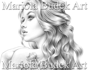 The Memories | Mariola Budek - Premium Coloring Page | Printable Adult Women Colouring Pages Book Instant Download Grayscale Ilustration PDF