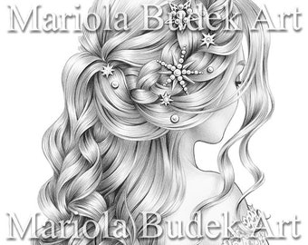 Gwiazda | Mariola Budek - Kolorowanka Premium | Kolorowanki dla dorosłych kobiet do druku, natychmiastowe pobranie, ilustracje w skali szarości, PDF, JPG